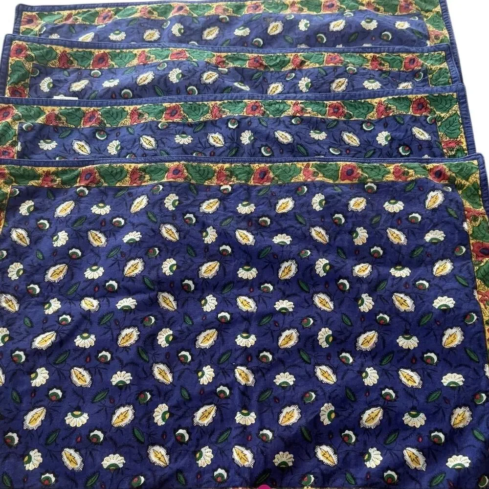 Blue Floral Orange Poppies Cotton Placemats Set 4 Reversible India 14x20 Cottage